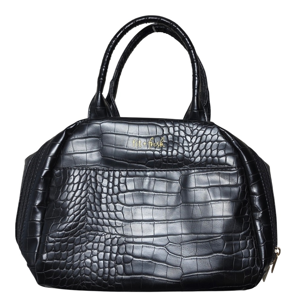 Fit + Fresh Black Croc Embossed Insulated Lunch Bag Satchel Tote Faux Leather